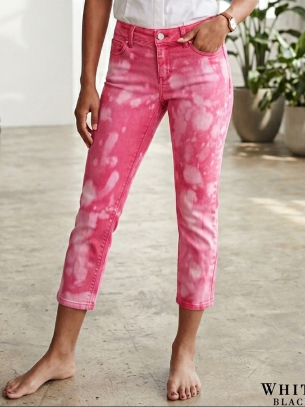 Y2K WHBM Pink boho bleach Tie-Dye stretch Cropped capri Jeans size 0